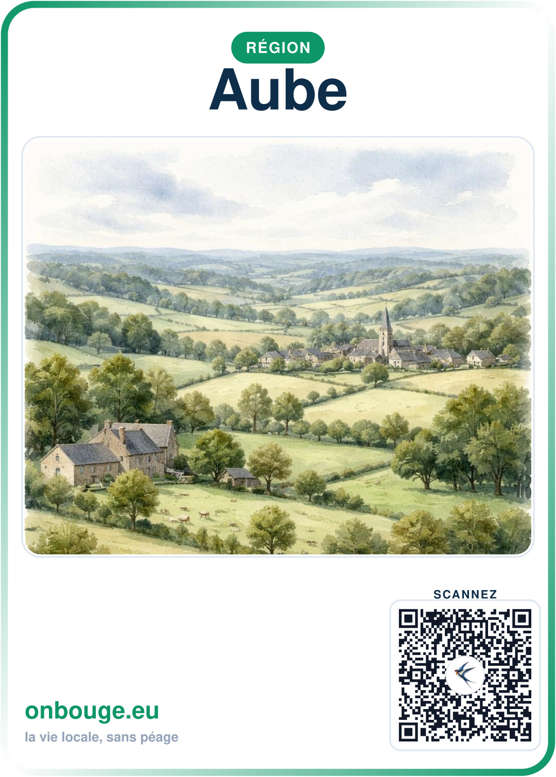 Aquarelle Aube — carte OnBouge avec QR