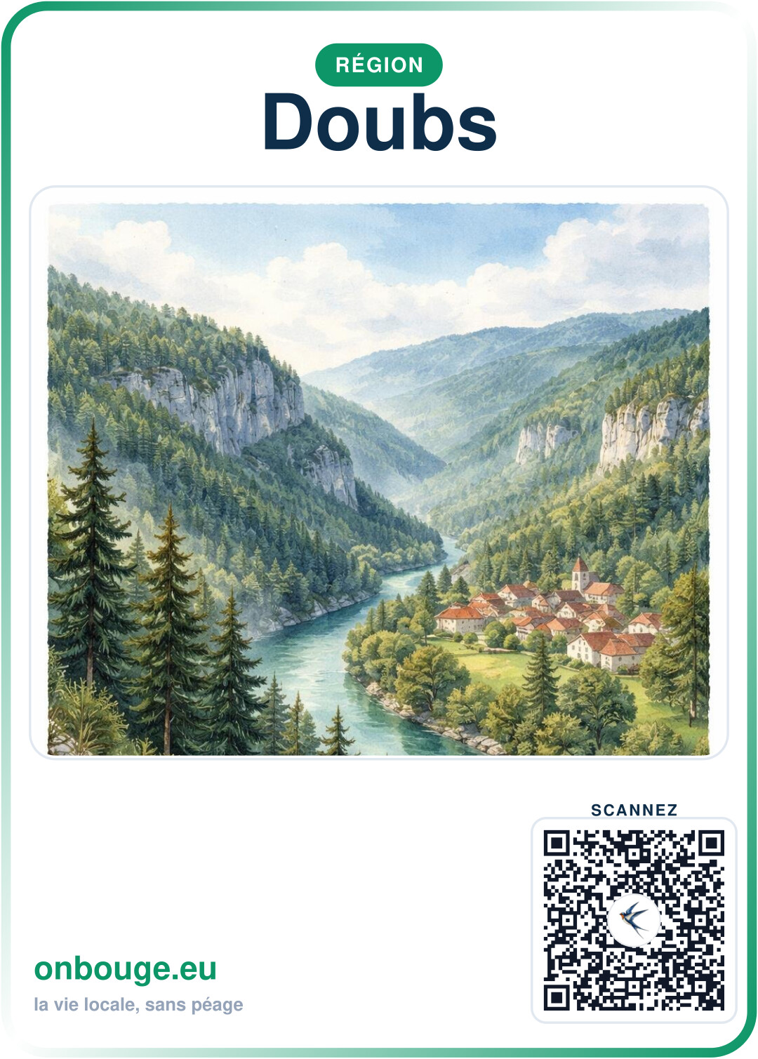 Aquarelle Doubs — carte OnBouge avec QR