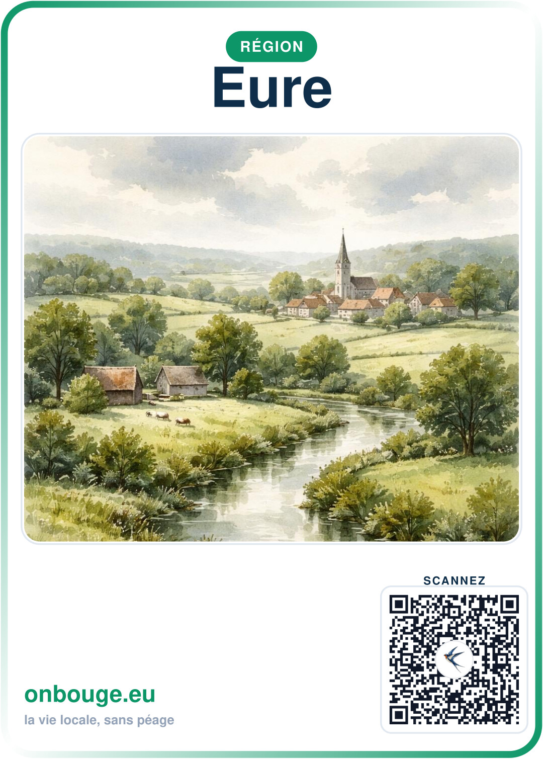 Aquarelle l'Eure — carte OnBouge avec QR