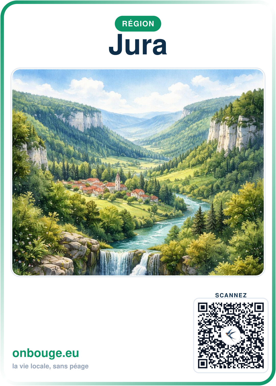 Aquarelle Jura — carte OnBouge avec QR