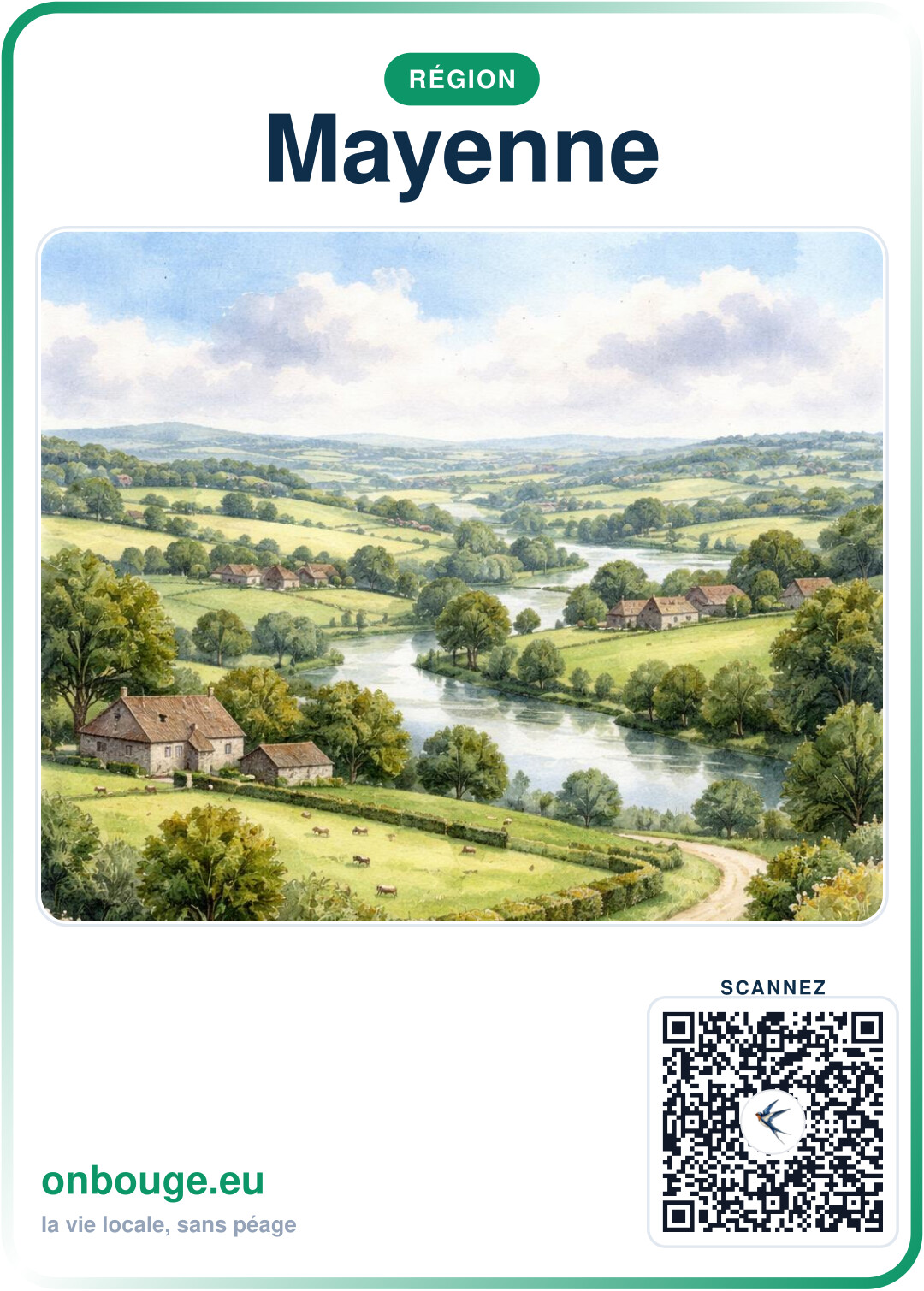 Aquarelle Mayenne — carte OnBouge avec QR